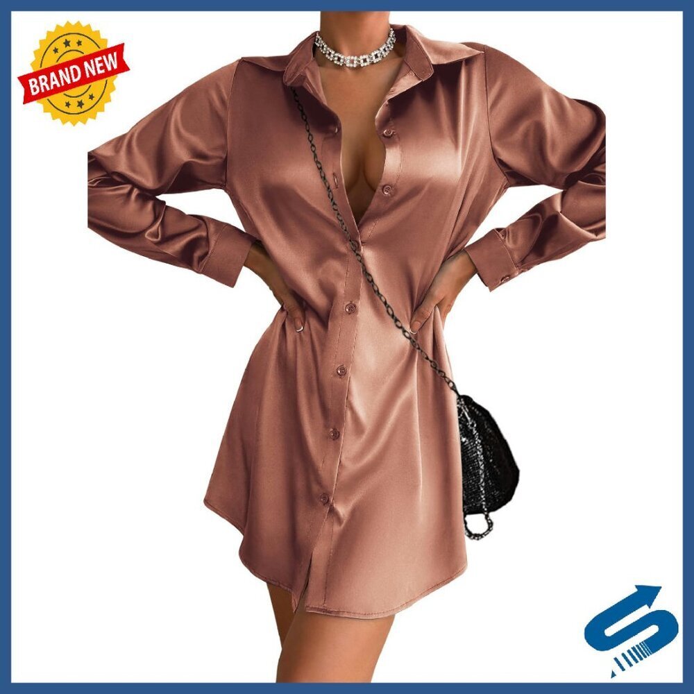 Long Sleeve Satin Shirt Dress with Belt, V-Neck, Knee Length